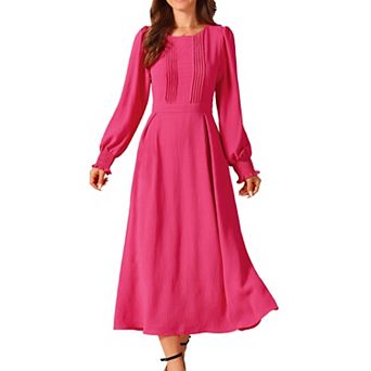 Women's Elegant Frilled Crewneck Long Sleeve Pleated A-Line Flowy Casual Dresses with Pockets