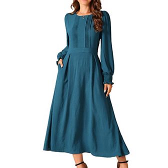 Women's Elegant Frilled Crewneck Long Sleeve Pleated A-Line Flowy Casual Dresses with Pockets