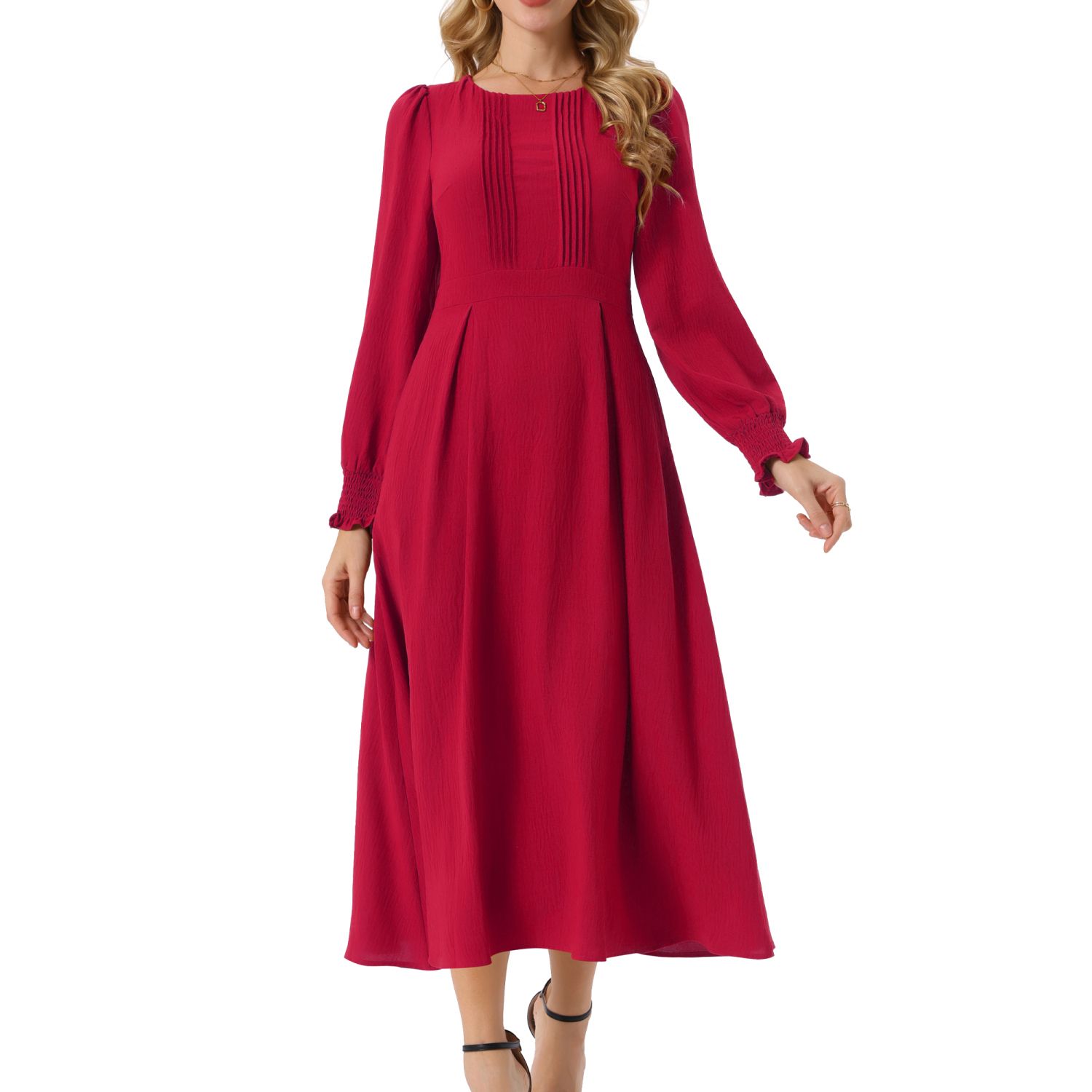 Women's Elegant Frilled Crewneck Long Sleeve Pleated A-Line Flowy Casual Dresses with Pockets