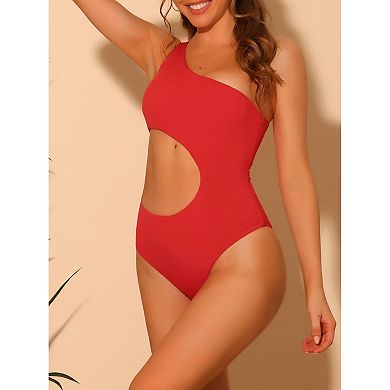 Women's One-piece One Shoulder Swimsuit Waist Cutout Solid Swimwear Suit Monokini