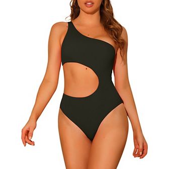 Women's One-piece One Shoulder Swimsuit Waist Cutout Solid Swimwear Suit Monokini
