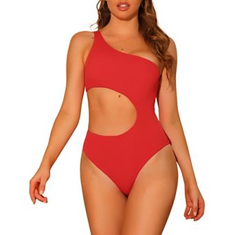 Women's One-piece One Shoulder Swimsuit Waist Cutout Solid Swimwear Suit Monokini