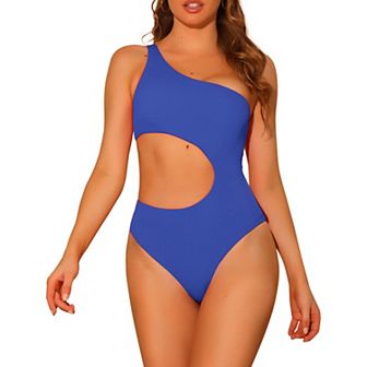 Women's One-piece One Shoulder Swimsuit Waist Cutout Solid Swimwear Suit Monokini