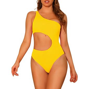 Women's One-piece One Shoulder Swimsuit Waist Cutout Solid Swimwear Suit Monokini