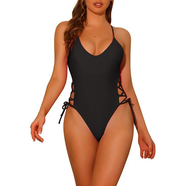 【美品】Acka. lace layered knit swimwear ML Women's One Piece Swimsuits Lace Up Criss Cross Plunge Monokini