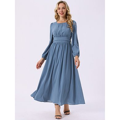 Women's Crewneck Lantern Long Sleeves A-Line Pleated Chiffon Maxi Formal Dress