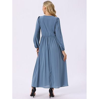 Women's Crewneck Lantern Long Sleeves A-Line Pleated Chiffon Maxi Formal Dress