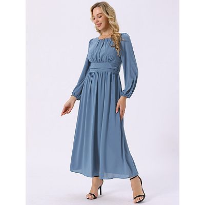 Women's Crewneck Lantern Long Sleeves A-Line Pleated Chiffon Maxi Formal  Dress