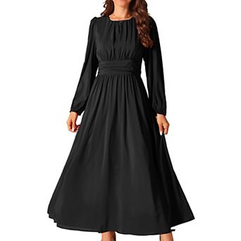 Women's Crewneck Lantern Long Sleeves A-Line Pleated Chiffon Maxi Formal Dress