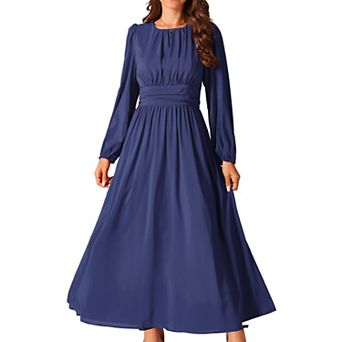 Women's Crewneck Lantern Long Sleeves A-Line Pleated Chiffon Maxi Formal Dress