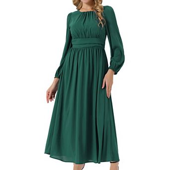 Women's Crewneck Lantern Long Sleeves A-Line Pleated Chiffon Maxi Formal Dress