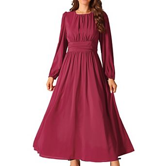 Women's Crewneck Lantern Long Sleeves A-Line Pleated Chiffon Maxi Formal Dress