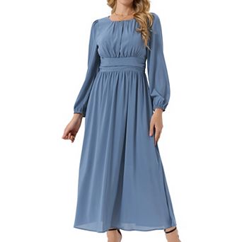 Women's Crewneck Lantern Long Sleeves A-Line Pleated Chiffon Maxi Formal Dress