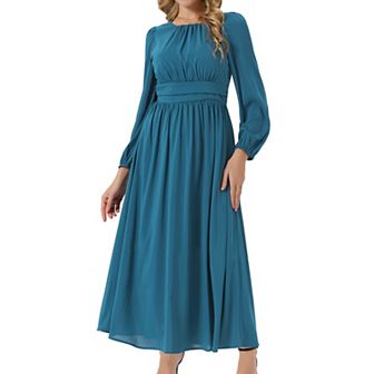 Women's Crewneck Lantern Long Sleeves A-Line Pleated Chiffon Maxi Formal Dress