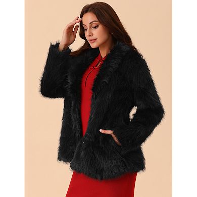 Women's Faux Fur Coat Long Sleeve Pockets Lapel Shaggy Warm Winter Overcoat Fluffy Jackets