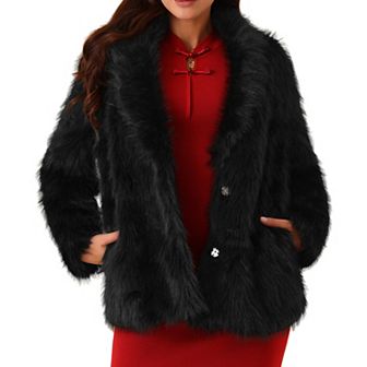 Women's Faux Fur Coat Long Sleeve Pockets Lapel Shaggy Warm Winter Overcoat Fluffy Jackets
