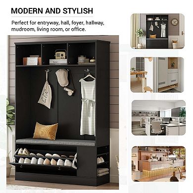 5-in-1 Entryway Bench With Coat Rack 3 Hooks Hall Tree Shoe Storage For Hallway Living Room