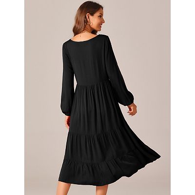 Women's Fall Casual Maxi Dresses Crewneck Flowy Tiered Boho Long