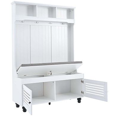 5-in-1 Entryway Bench With Shutter Doors Coat Rack 4 Hooks Wide Hall Tree