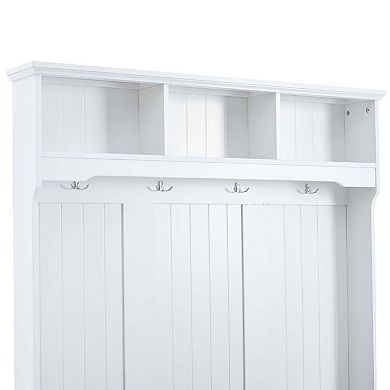 5-in-1 Entryway Bench With Shutter Doors Coat Rack 4 Hooks Wide Hall Tree