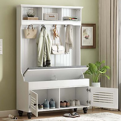 5-in-1 Entryway Bench With Shutter Doors Coat Rack 4 Hooks Wide Hall Tree