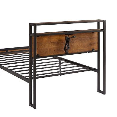 Metal Platform Bed Frame With Wooden Headboard And Footboard Usb Liner Led Lights Easy Assemble