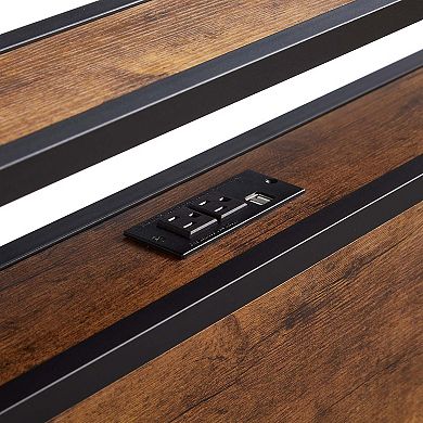 Metal Platform Bed Frame With Wooden Headboard And Footboard Usb Liner Led Lights Easy Assemble
