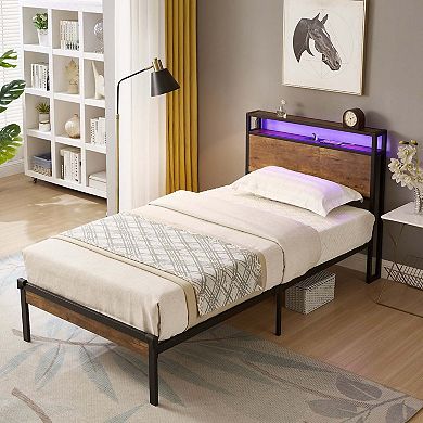 Metal Platform Bed Frame With Wooden Headboard And Footboard Usb Liner Led Lights Easy Assemble