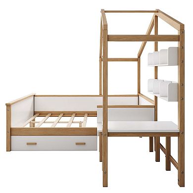 Wooden House Bed With Drawer Desk Bookshelf For Children