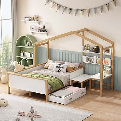 Wooden House Bed With Drawer Desk Bookshelf For Children