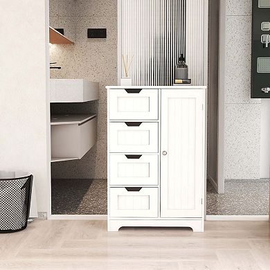 Freestanding Floor Storage Cabinet With Adjustable Shelves 4 Drawers And 1 Door