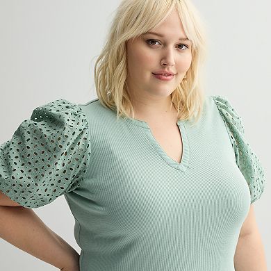Plus Size Nine West Mixed Media Puffed Sleeve Y-Neck Top