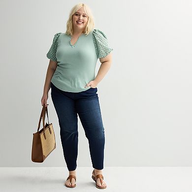 Plus Size Nine West Mixed Media Puffed Sleeve Y-Neck Top