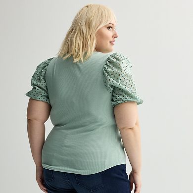 Plus Size Nine West Mixed Media Puffed Sleeve Y-Neck Top