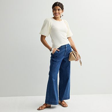 Women's Nine West Ribbed Top with Textured Sleeves
