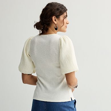 Women's Nine West Ribbed Top with Textured Sleeves