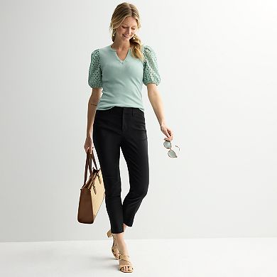 Women's Nine West Mixed Media Puff Sleeve Y-Neck Top