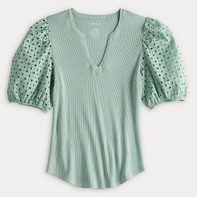 Women's Nine West Mixed Media Puff Sleeve Y-Neck Top