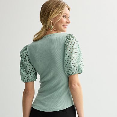Women's Nine West Mixed Media Puff Sleeve Y-Neck Top