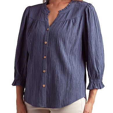 Women's AB Studio Button Front Ruffle Neck Top