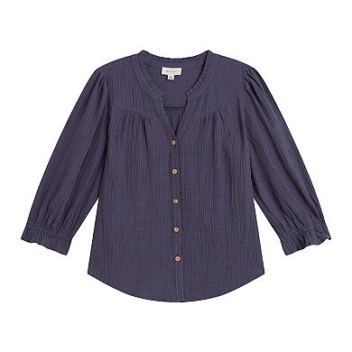 Women's AB Studio Button Front Ruffle Neck Top
