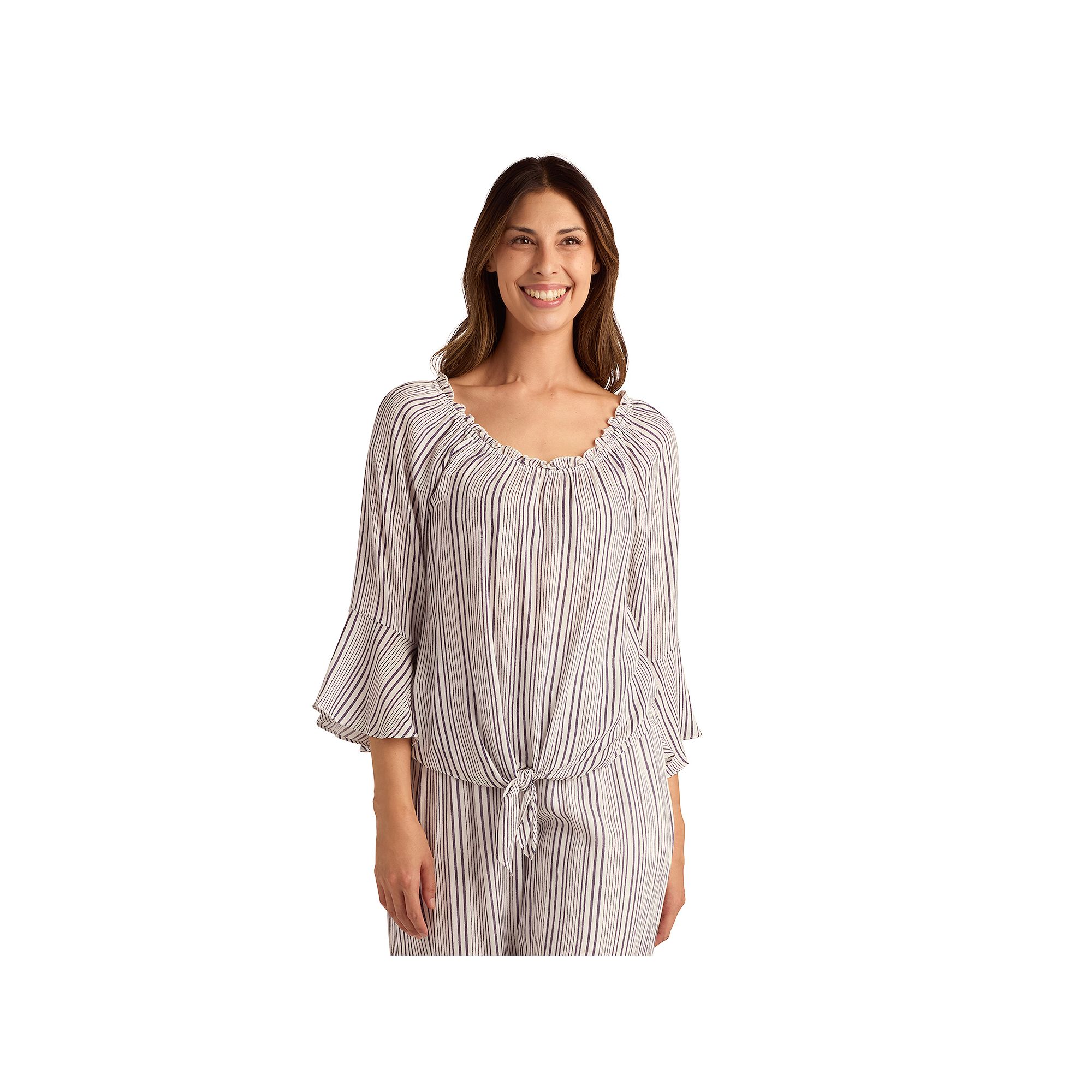 Womens AB Studio Off Shoulder Tie Front Bell Sleeve Top, Size: XS, Blue St