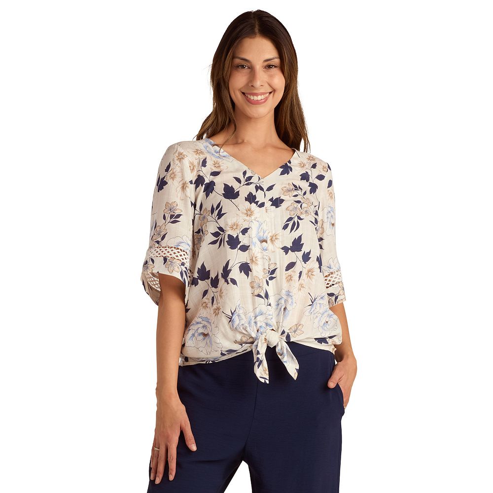 Shop our LS V Neck Tie Front Top in Natural/sage print