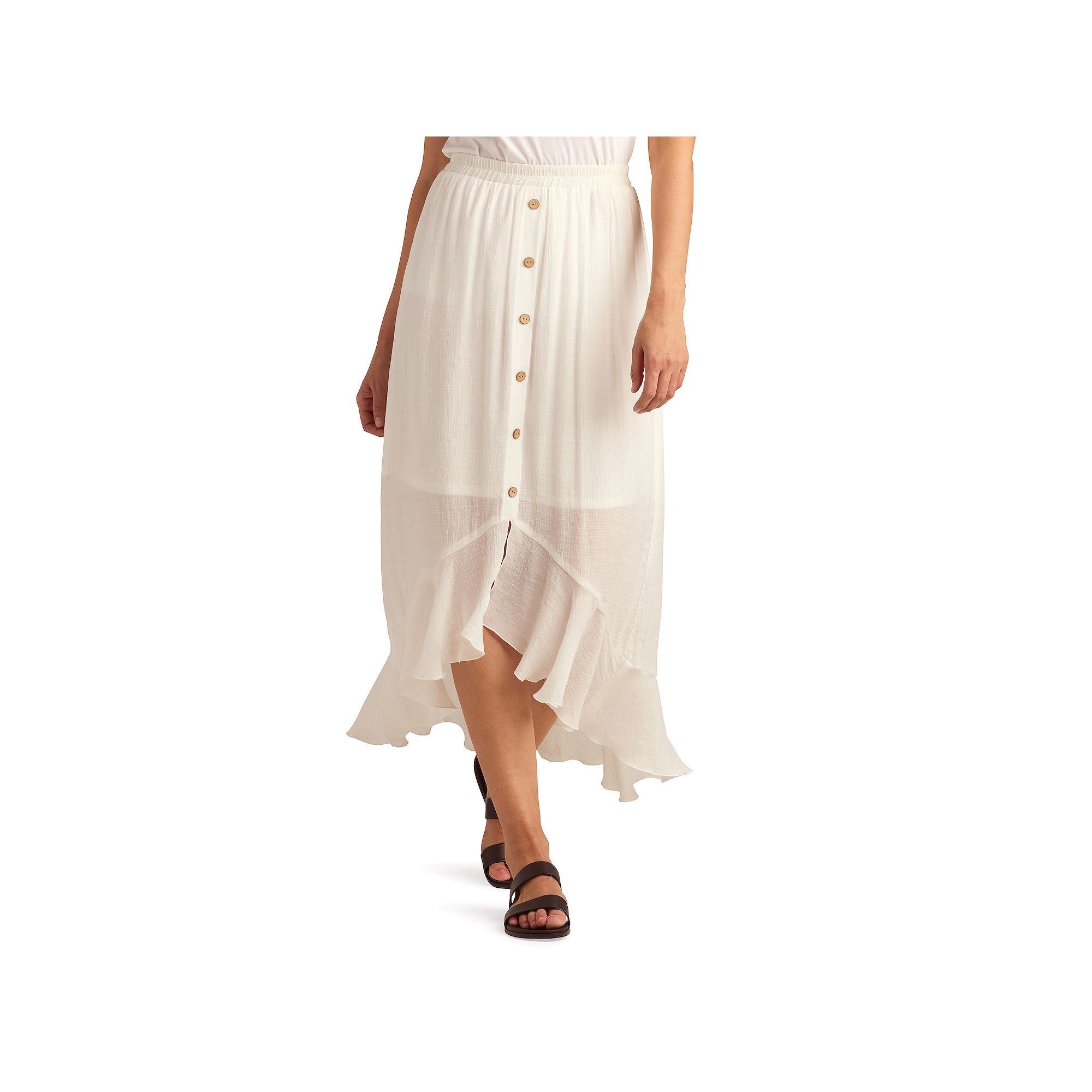 Womens AB Studio Pull On High-Low Faux Button Front Ruffle Hem Skirt, Size