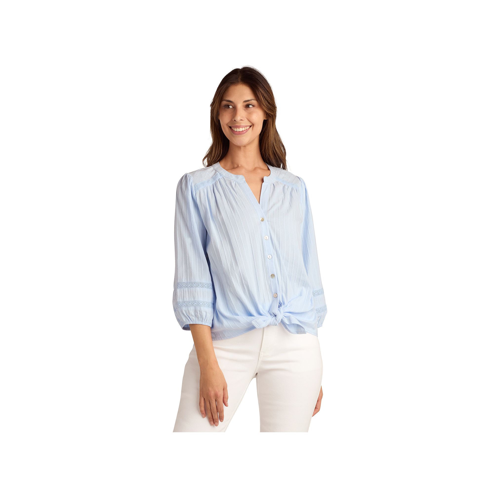 Womens AB Studio Three Quarter Sleeve Button Front Y-Neck Shirt, Size: XS,