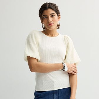 Petite Nine West Textured Elbow Sleeve Rib Knit Top