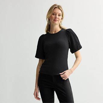 Petite Nine West Textured Elbow Sleeve Rib Knit Top