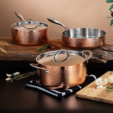 BergHOFF Vintage 5 pc Tri-Ply Hammered Copper Cookware Set with Lids