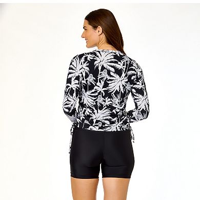 Women's Lands' End Side Shirred Long Sleeve Rash Guard Swim Shirt