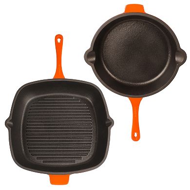 BergHOFF Neo 3 pc Cast Iron Fry Pan & Grill Pan Set with Slotted Steak Press